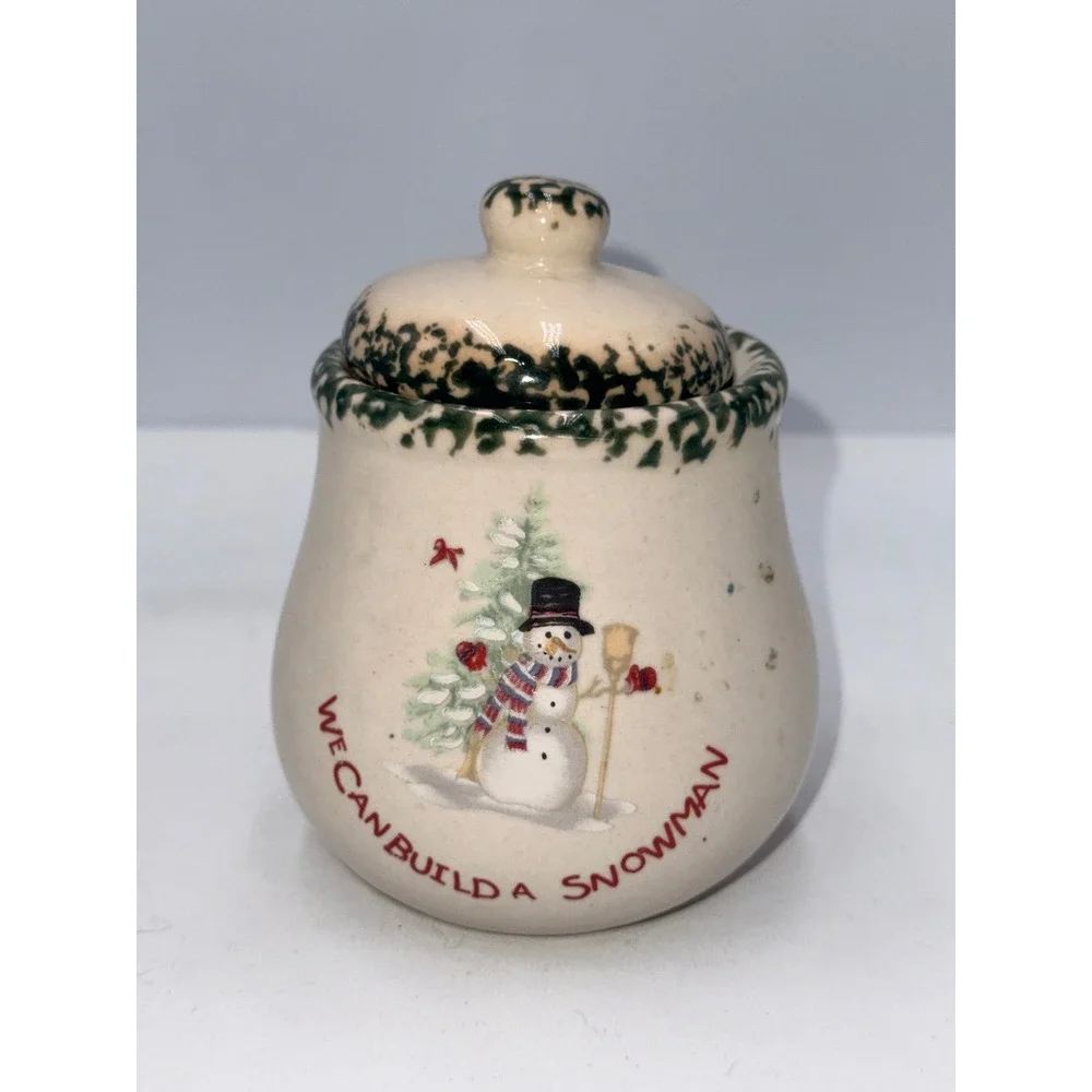 Unbranded Snowman Jam Jar Holiday Cream Green Excellent Stoneware Lidded Pot